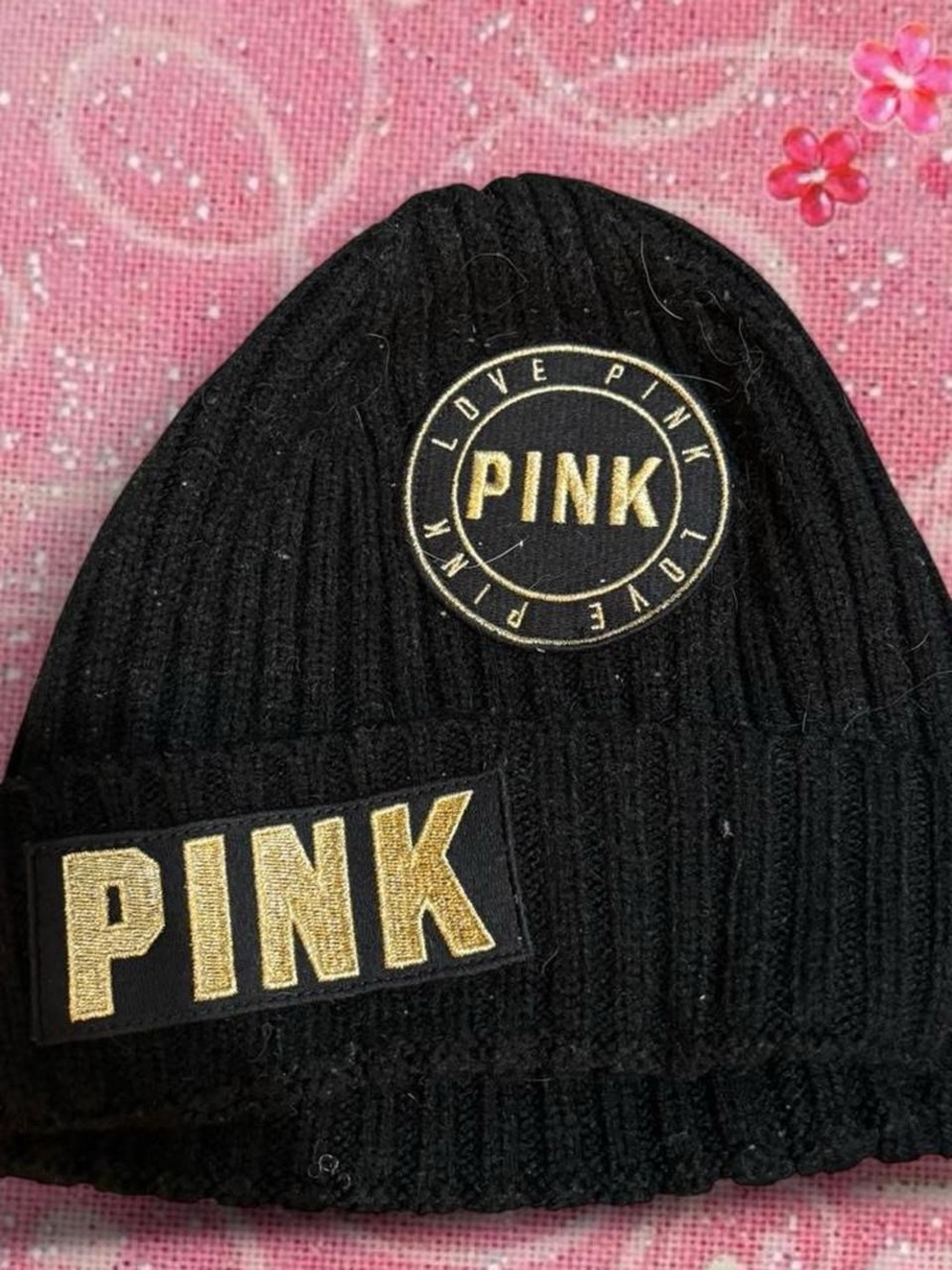 PINK Victoria's Secret Black Knit Beanie with Gold PINK Patches